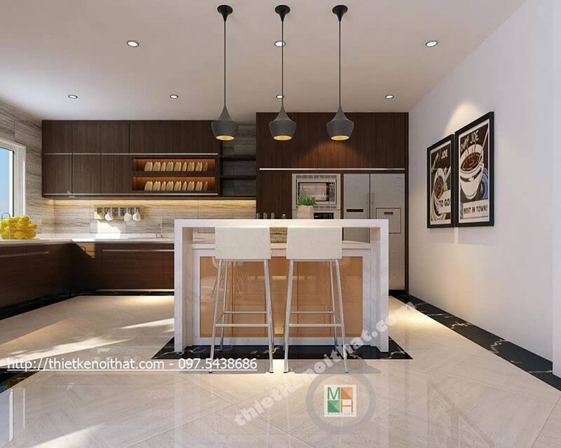 Thiết kế phòng bếp đẹp với nội thất gỗ công nghiệp hiện đại, sang trọng Thiết kế phòng bếp, tủ bếp đẹp