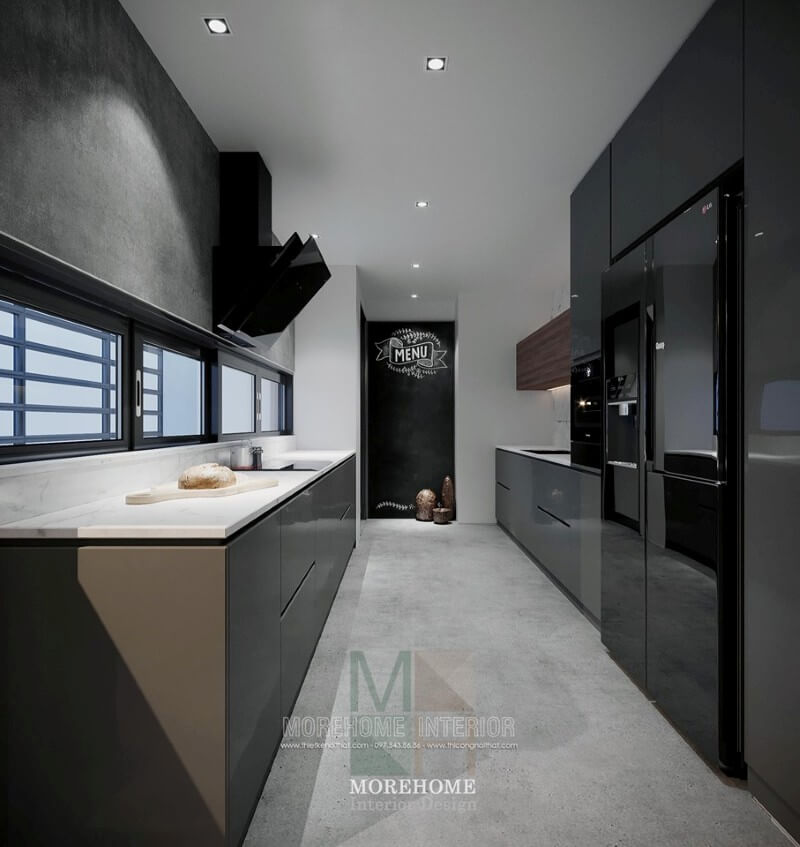 Mẫu tủ bếp hiện đại được thiết kế hài hòa mang đến sự gọn gàng, thông thoáng cho không gian bếp. tủ bếp chung cư