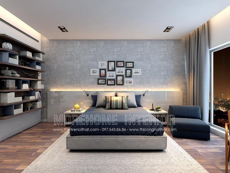 Nội thất phòng ngủ chung cư sang trọng, tinh tế, chiếc giường ngủ gỗ công nghiệp bọc nỉ cao cấp trở thành điểm nhất cuốn hút bất kì ánh nhìn khó có thể rời mắt